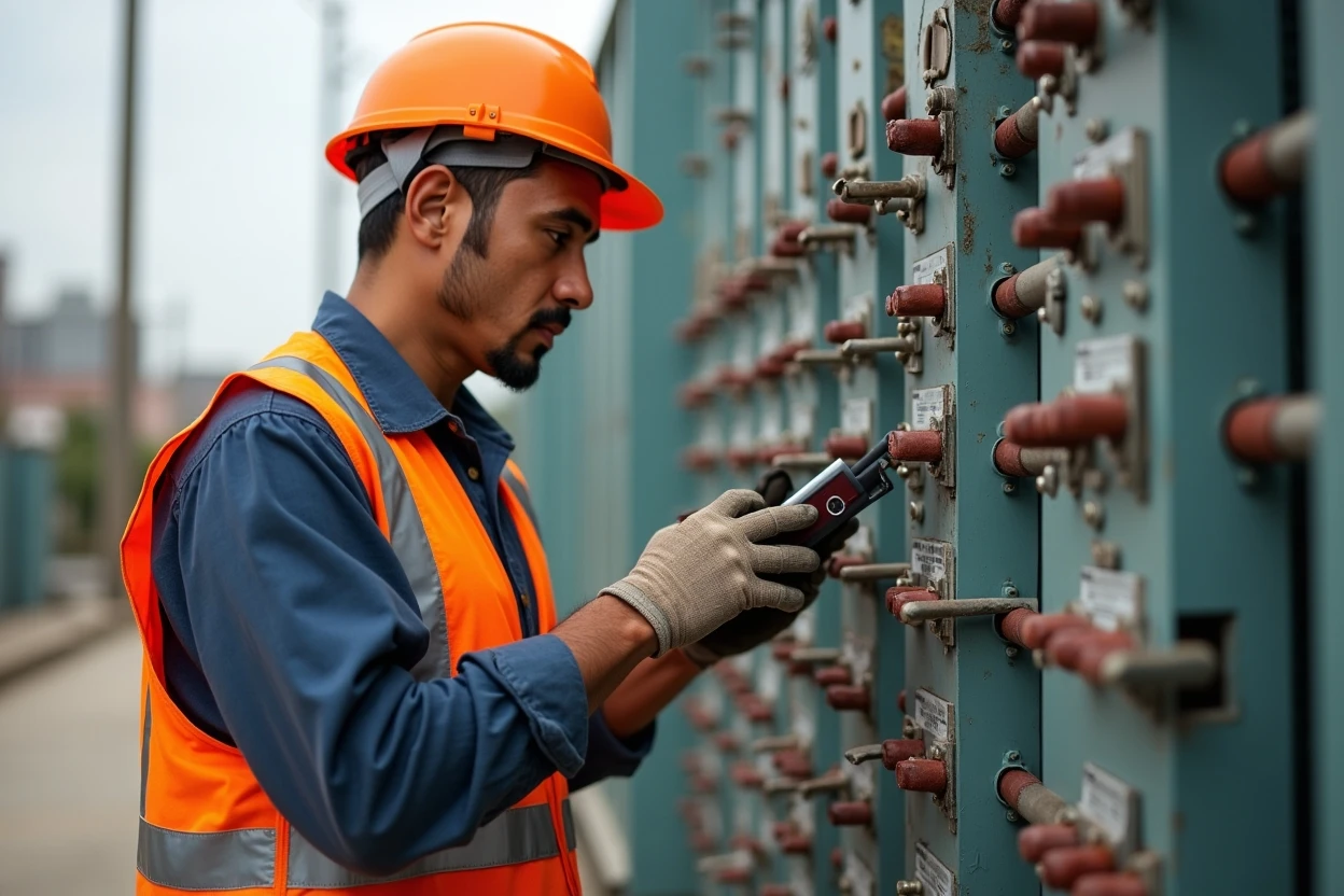 Técnicos trabajando en tablero eléctrico de almacén